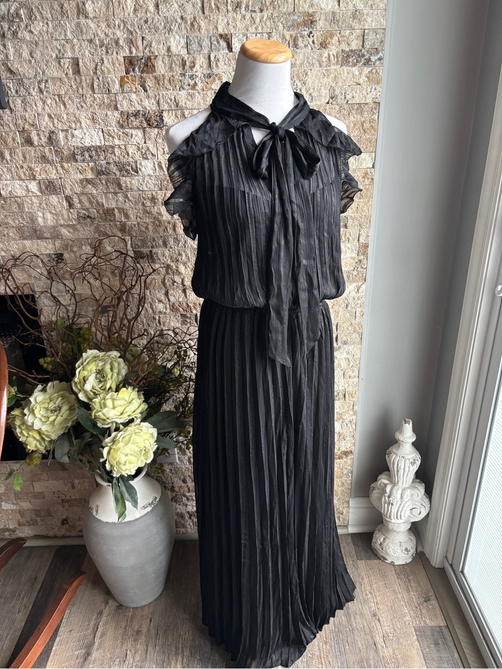 White House Black Market Black Pleated Halter Maxi Dress with Neck Tie